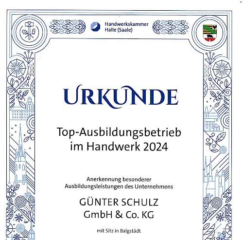 Certificate Top Training Company in Crafts 2024 awarded by the Halle-Saale Chamber of Crafts