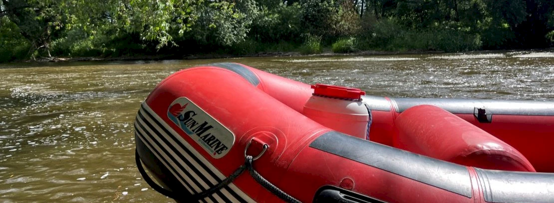 Dinghy tip in red in front of a river with trees in the background