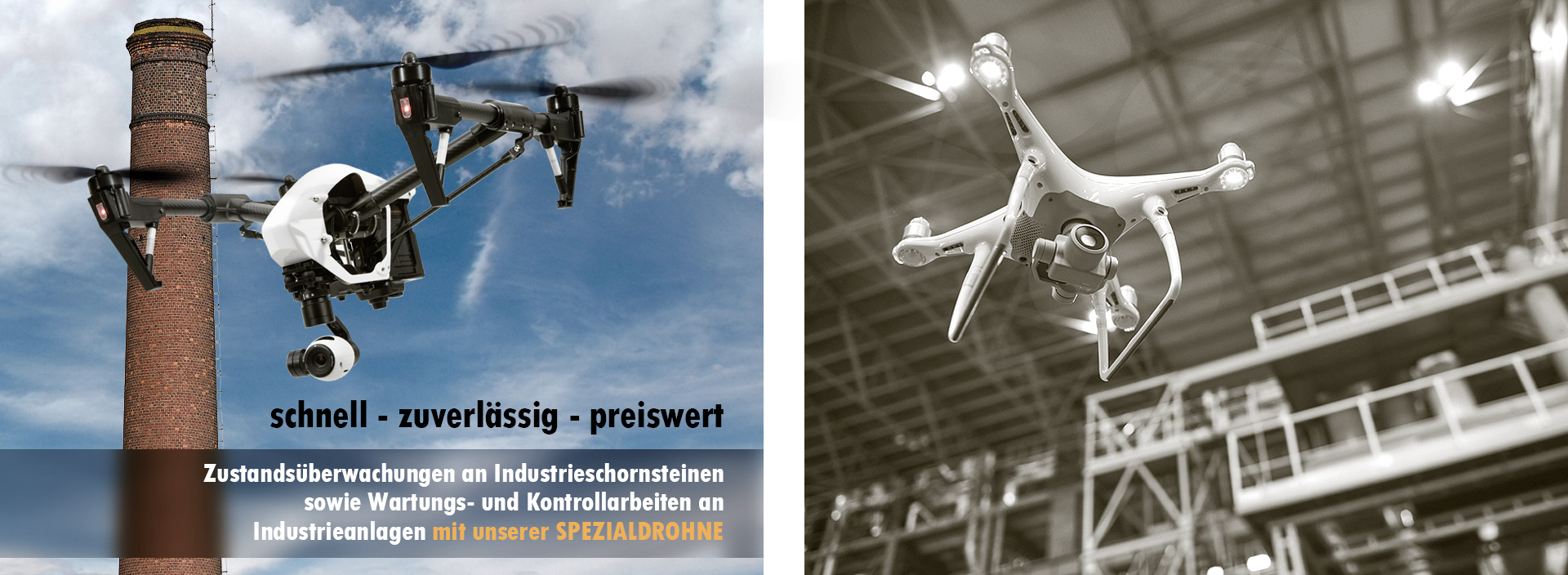 zwei verbundene Bilder Drohnenflug um einen Schornstein und in einer Lagerhalle