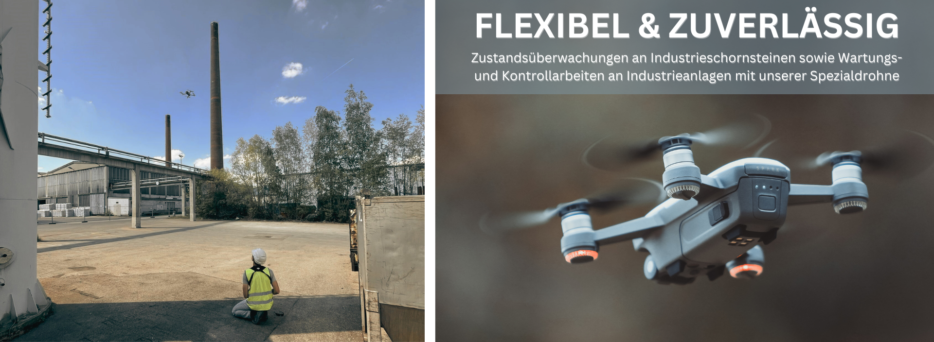 zwei verbundene Bilder Drohnenflug mit Pilot um einen Industrieschornstein und Einzelaufnahme Drohne