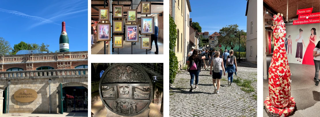 Photo collage of the company hiking day at the Rotkäppchen Sparkling Wine Cellars, featuring the exterior view, the giant barrel, the hiking group, the photo gallery, and a giant sparkling wine bottle covered with Post-it notes.